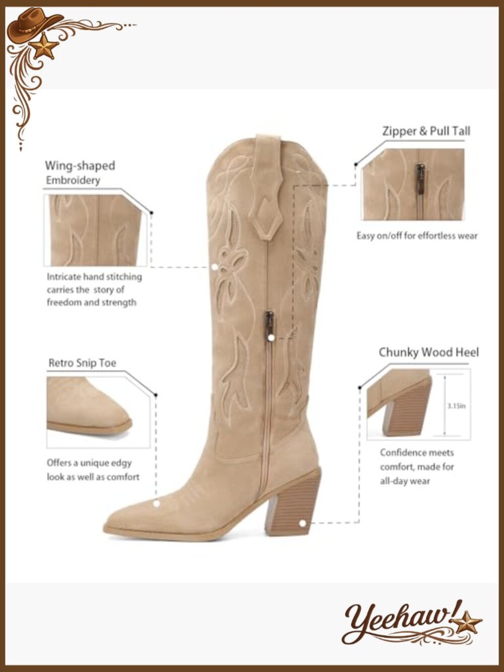 Embroidered Cowgirl Boots Knee High Square Toe Chunky Heel - Picture 4 of 7